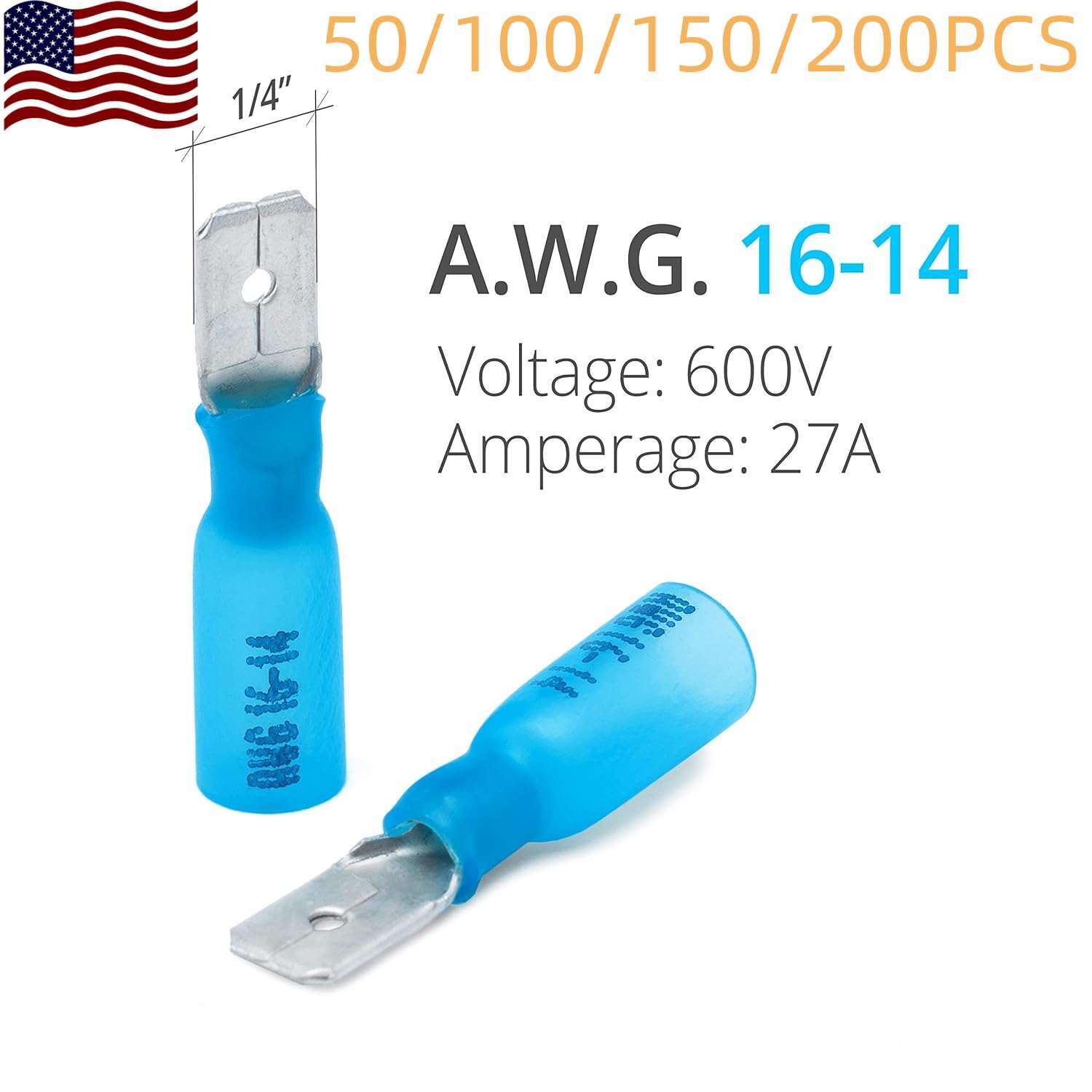 Blue Heat Shrink Marine Grade Male Spade Crimp Connectors Terminals, AWG 16-14
