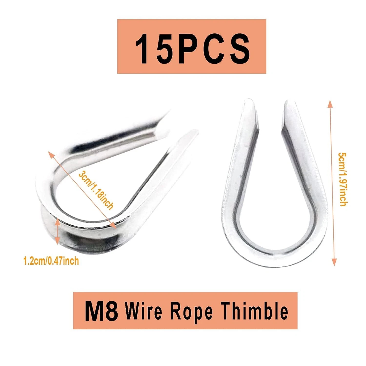 15Pack M8 Stainless Steel Thimble for 5/16 Inch Wire Rope Cable Thimbles Rigging