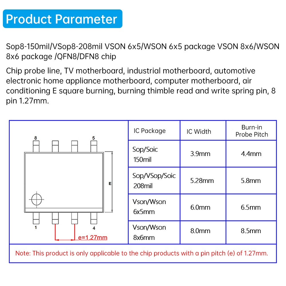 For Program SOP8/WSON8/QDFN8 SPI Adapter Clip Pin Flash on Chip Read＆Write Probe