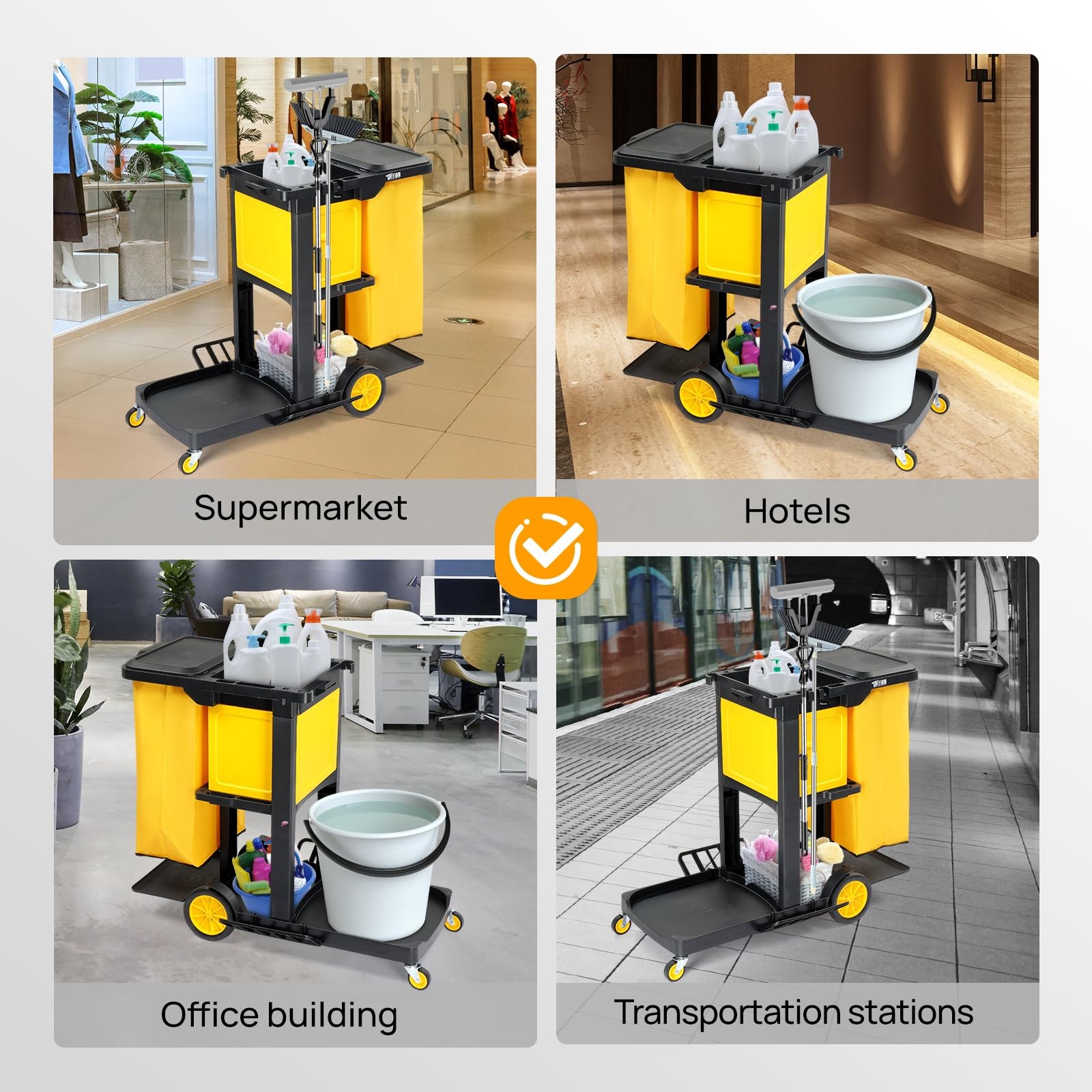 TUFFIOM 3-Shelf Janitorial Cart with Key-Locking Cabinet, Black/Yellow Vinyl Bag