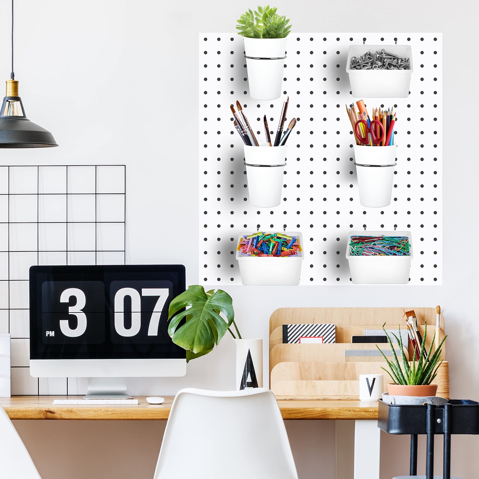6 PCS White Pegboard Bins Cups With Hooks Loops Accessory Storage Organizer