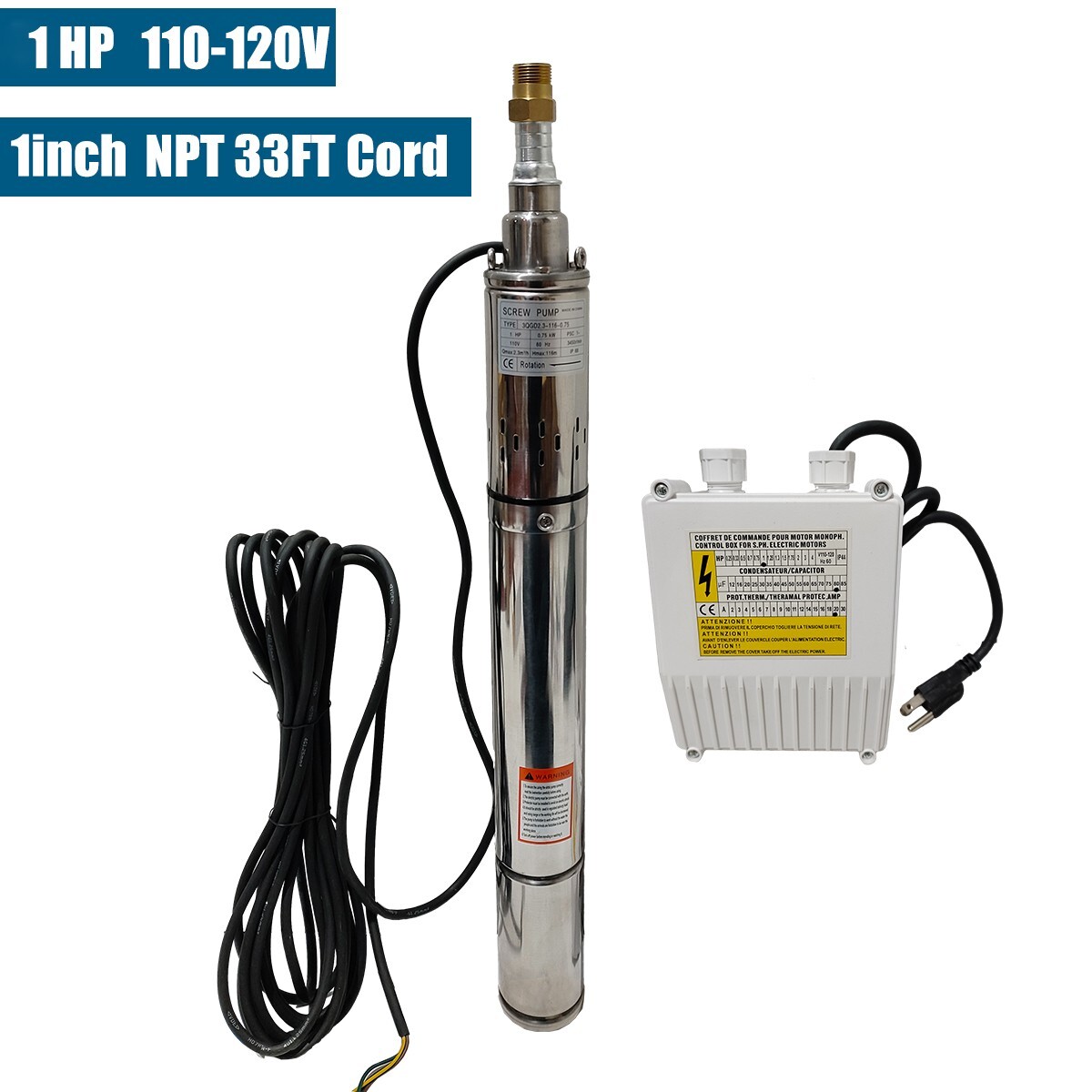 1HP 3″ Deep Well Submersible Pump Screw Pump 380FT Hmax 10GPM 110V w/Control box