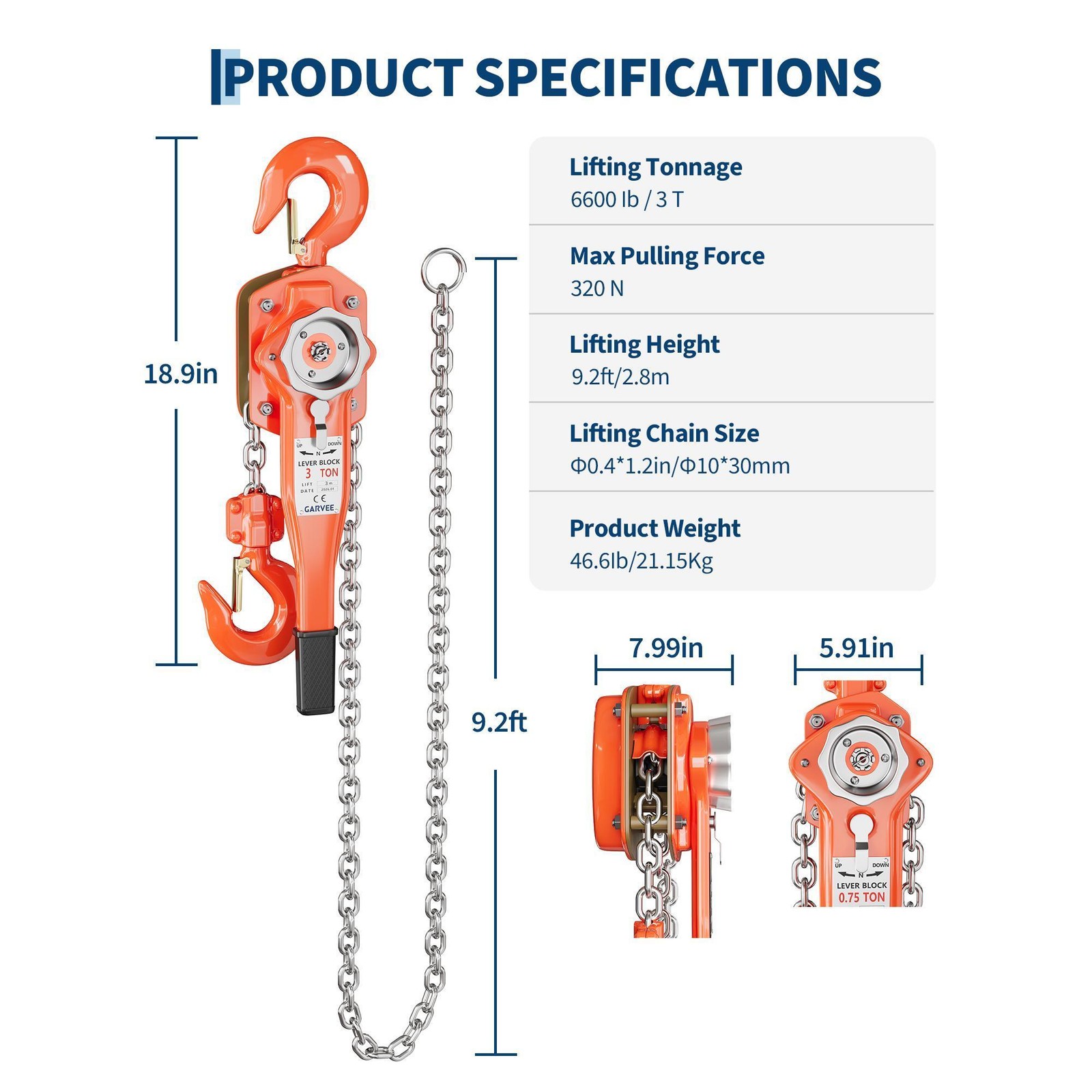 1.5 Ton 3300LBS Lever Chain Hoist Come Along Winch 360 Swivel Hook G80