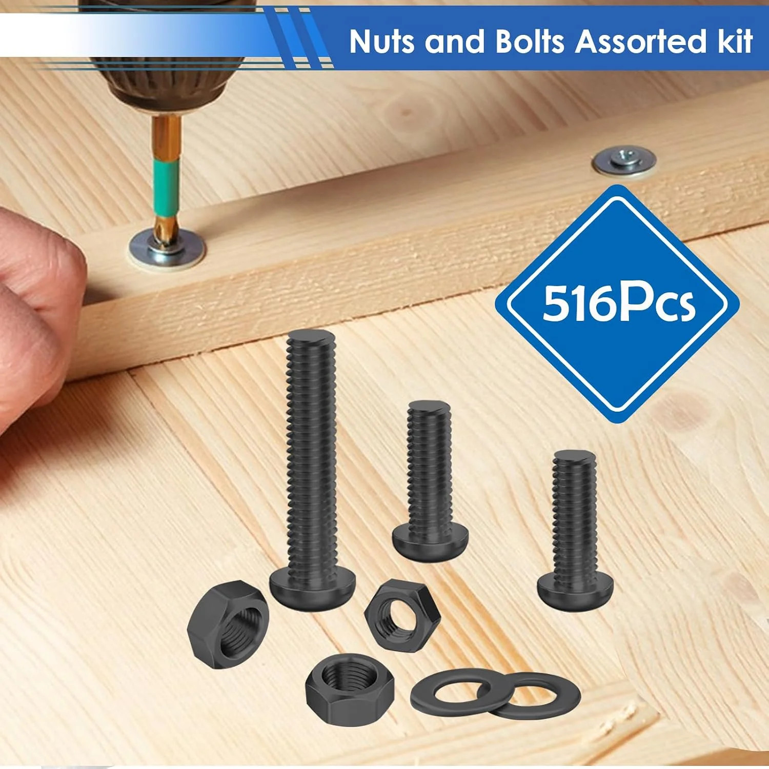 smseace 516Pcs Black Nuts and Bolts Assortment Kit 21-Sizes M3 M4 M5 M6 Washer