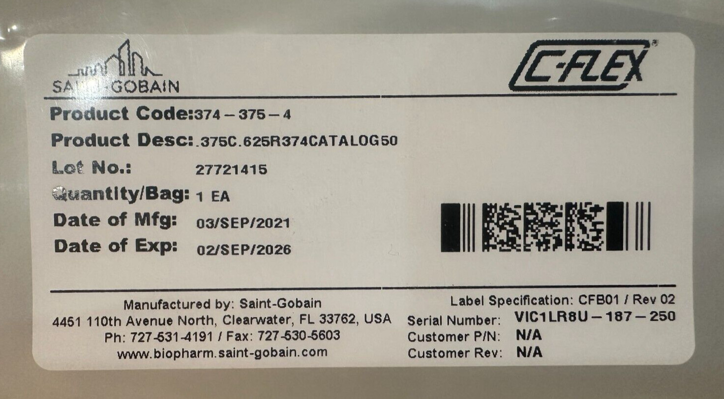50′ TPE Tubing Saint-Gobain C-Flex SKU 374-375-4 New Sealed Exp 2026-09-02