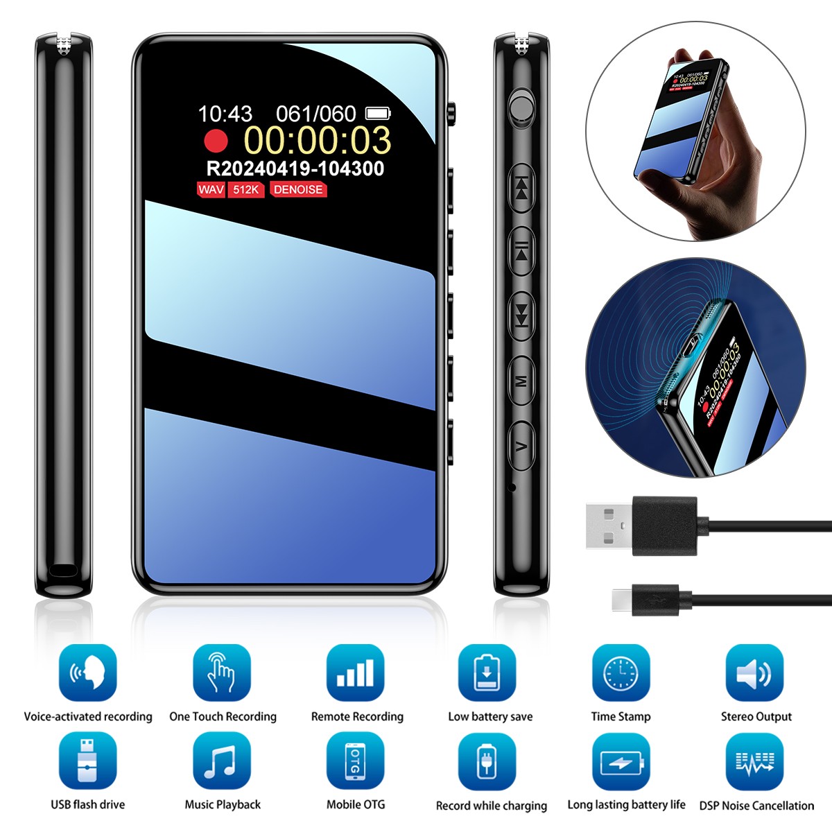 32GB Voice Recorder One-Touch Recording Color Screen for Lectures Meeting 60Hrs