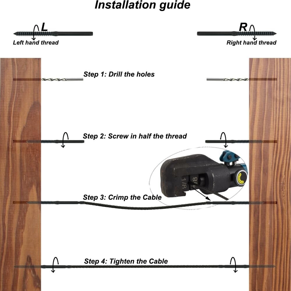 50 Kuahome 3/16″ Black Swage Lag Screws Left & Right Cable Railing Hardware Kit