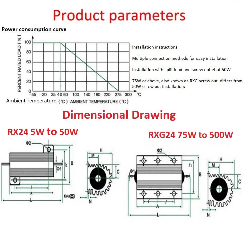 50W RX24 Aluminium Wire wound Power Resistors 5% J 0.01Ω 1Ω 2Ω 3Ω to 300KΩ/Ohm