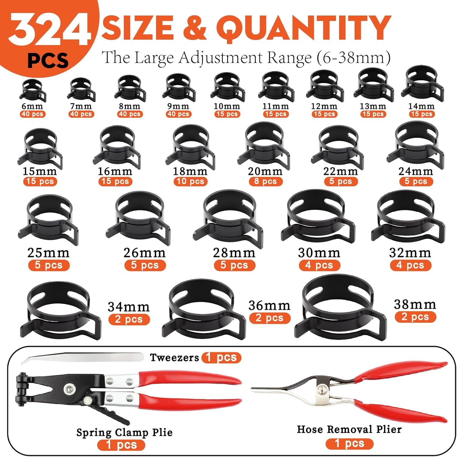 327Pcs 23 Sizes 6-38Mm Spring Band Hose Clamps Assortment,Professional Hose Clam