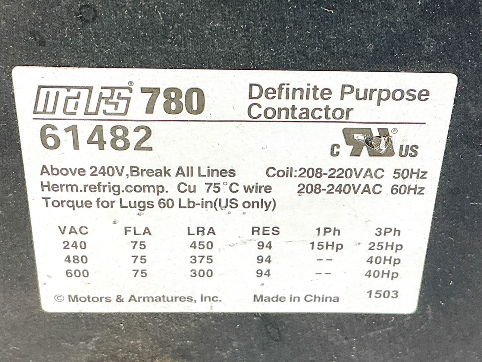 New Mars 61482 Definite Purpose Contactor 208/240VAC 3Ph 40Hp 780 – No Box