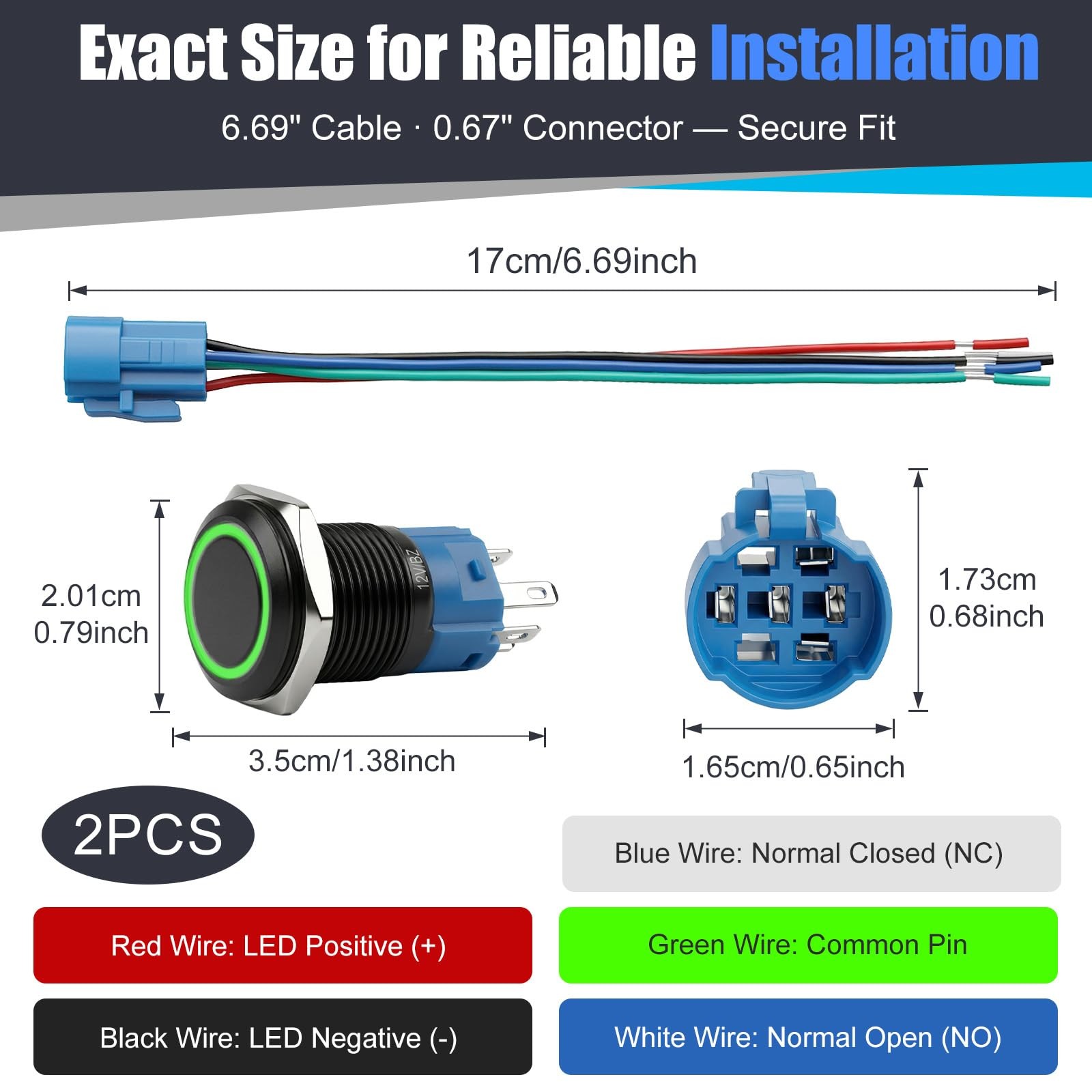 2PCS 16mm Latching On Off Switch 12V DC, Waterproof LED Power Button Green