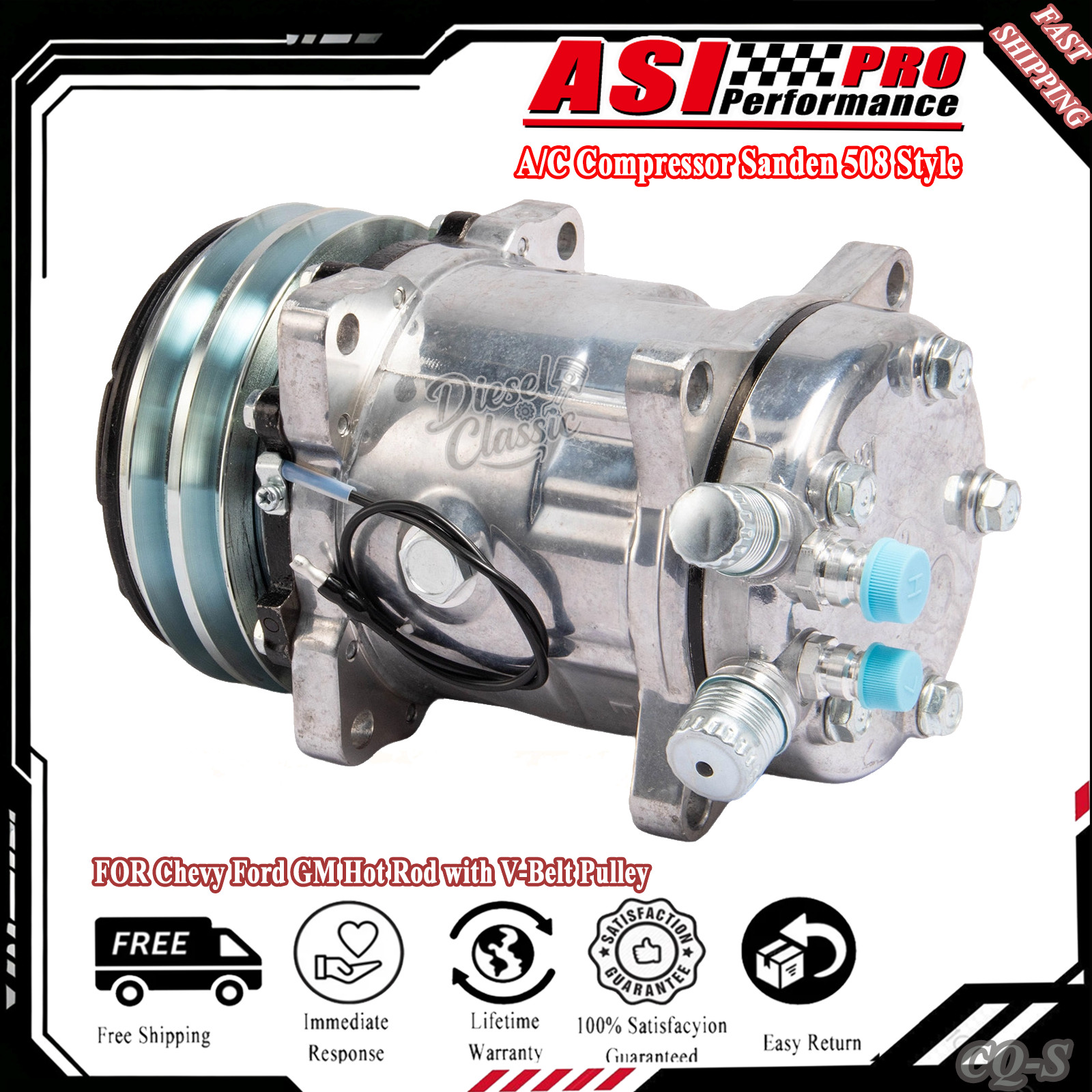 A/C Compressor Sanden 508 Style FOR Chevy Ford GM Hot Rod with V-Belt Pulley US