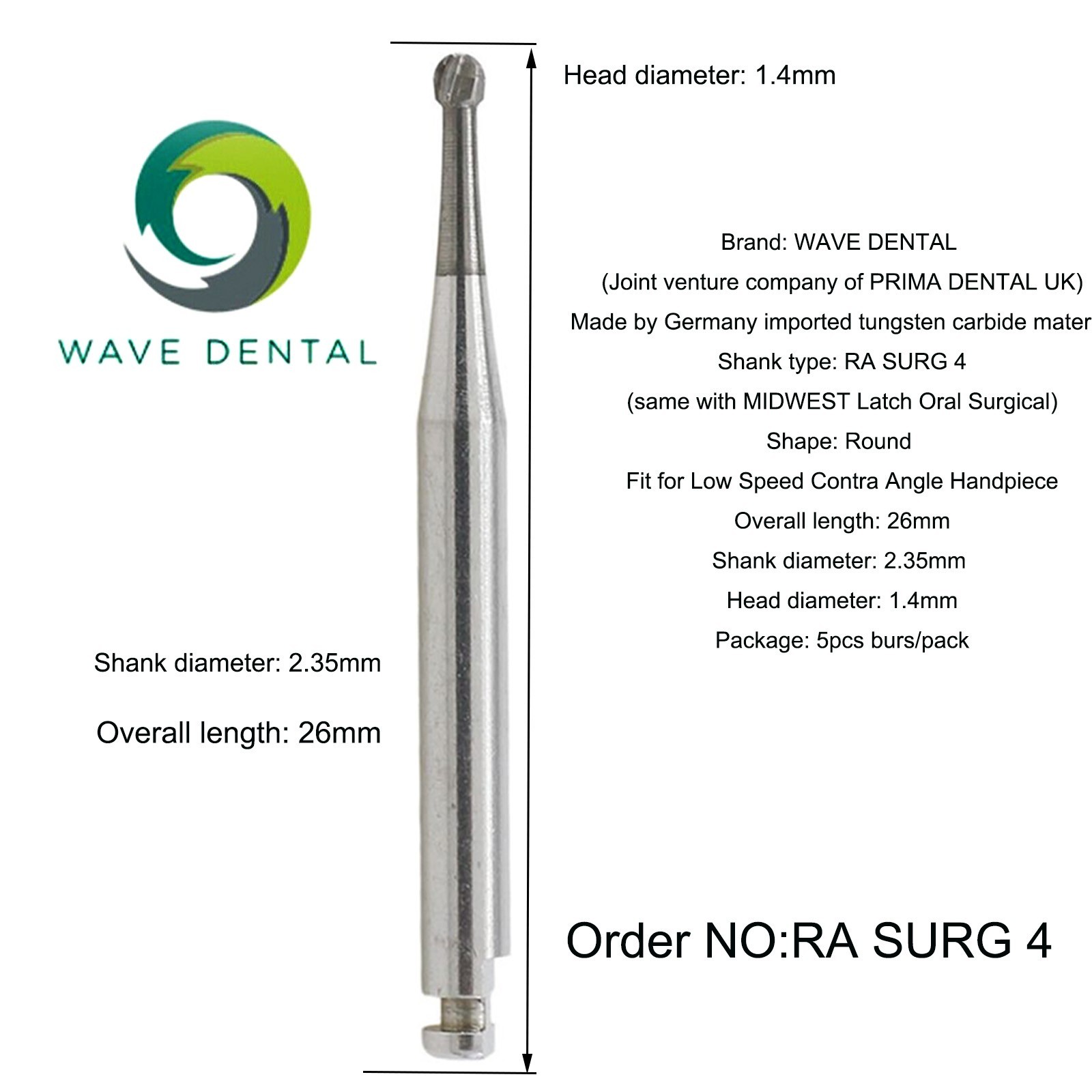 Wave Dental Burs Carbide Surgical Round Latch 26/34mm RA Slow Speed Contra Angle