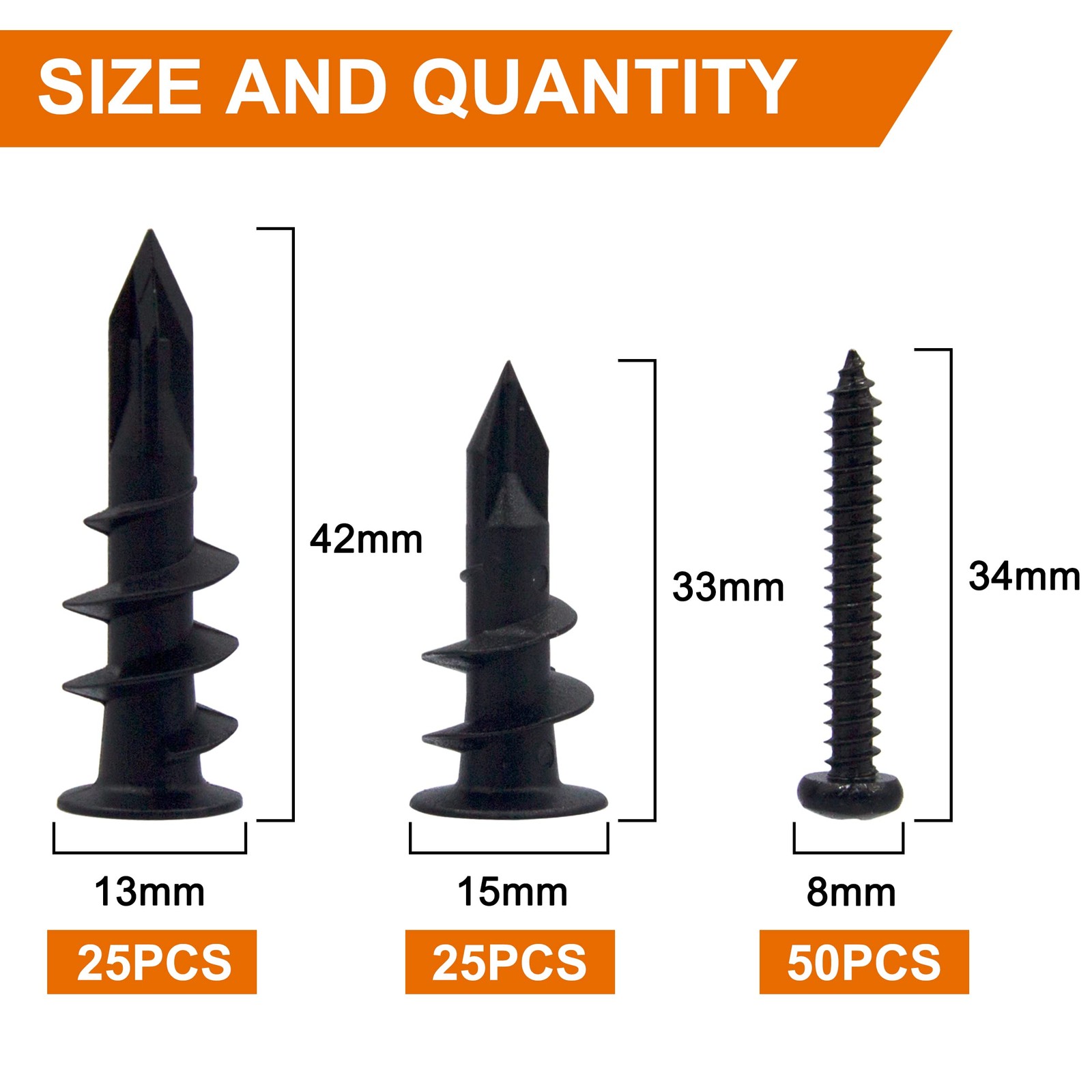 ISPINNER 100pcs #6#8 Self Drilling Plastic Drywall Anchors with #6 #8, Black