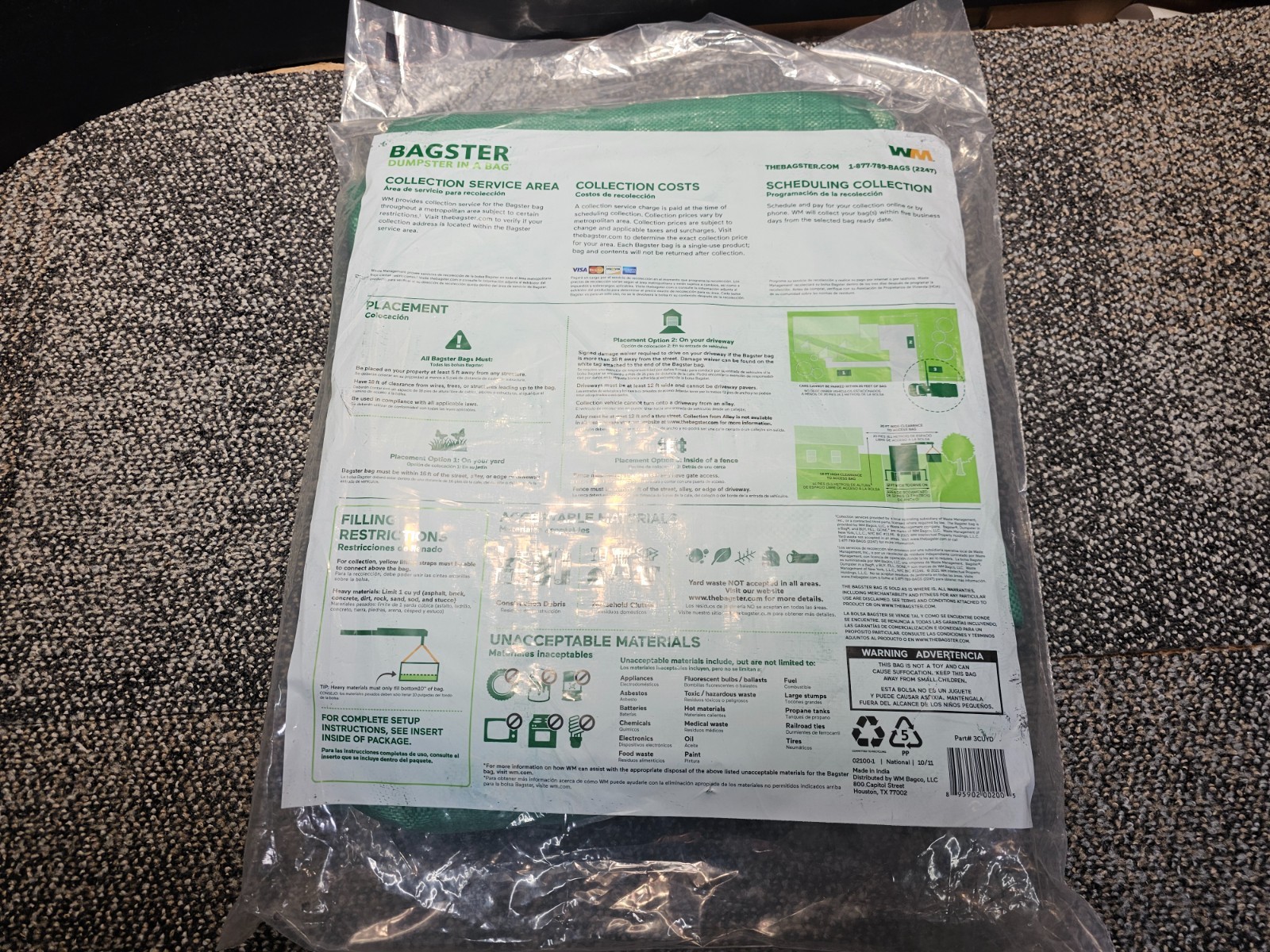 Bagster 3CUYD Trash Container Bag With a Capacity Of Up to 3,300 Pounds, Green