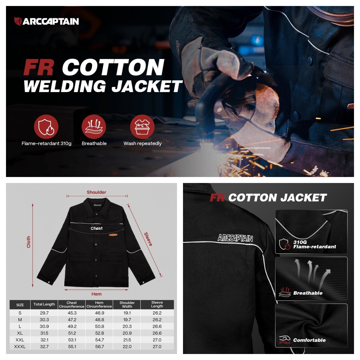 ARCCAPTAIN Welding Jacket 11 oz Cotton Flame Resistant Light weight Weld Clothes