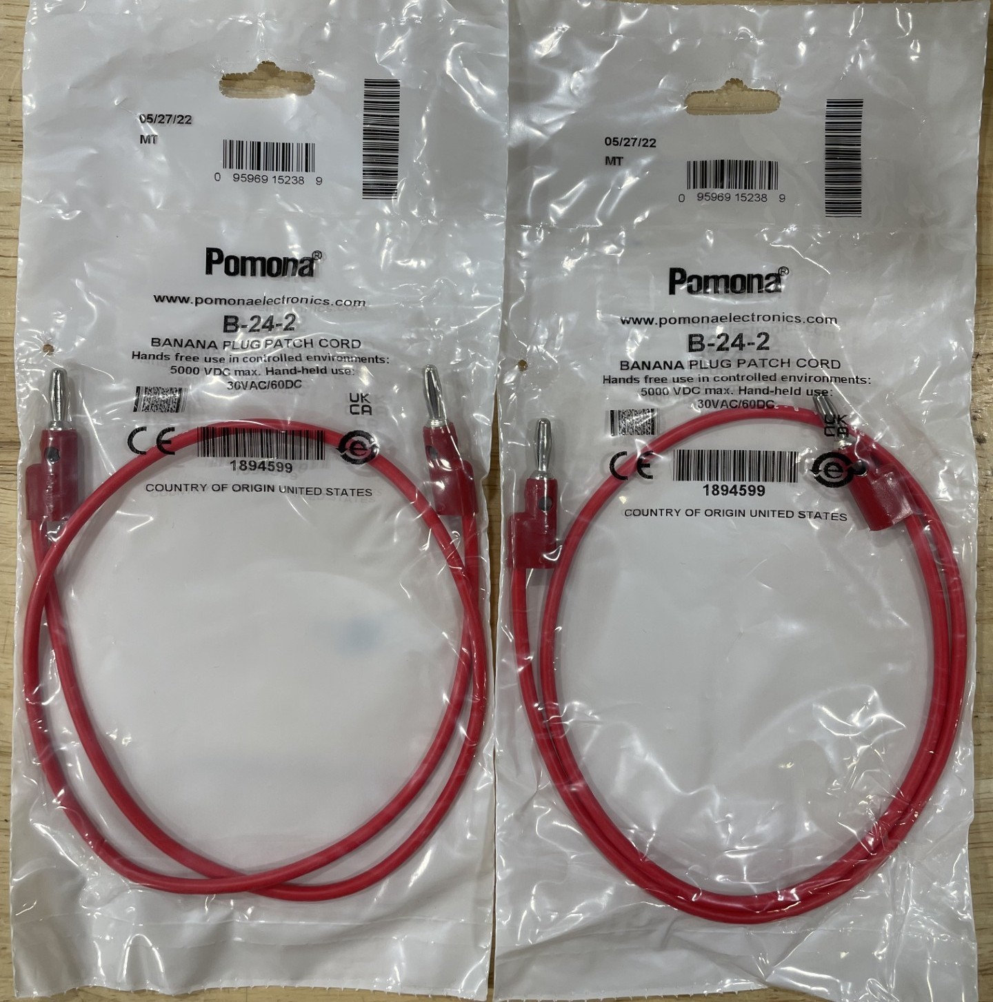 Pomona B-24-2 Stacking Banana Plug Patch Cord, Red, 24-inch, 15A, 18AWG, Lot/2