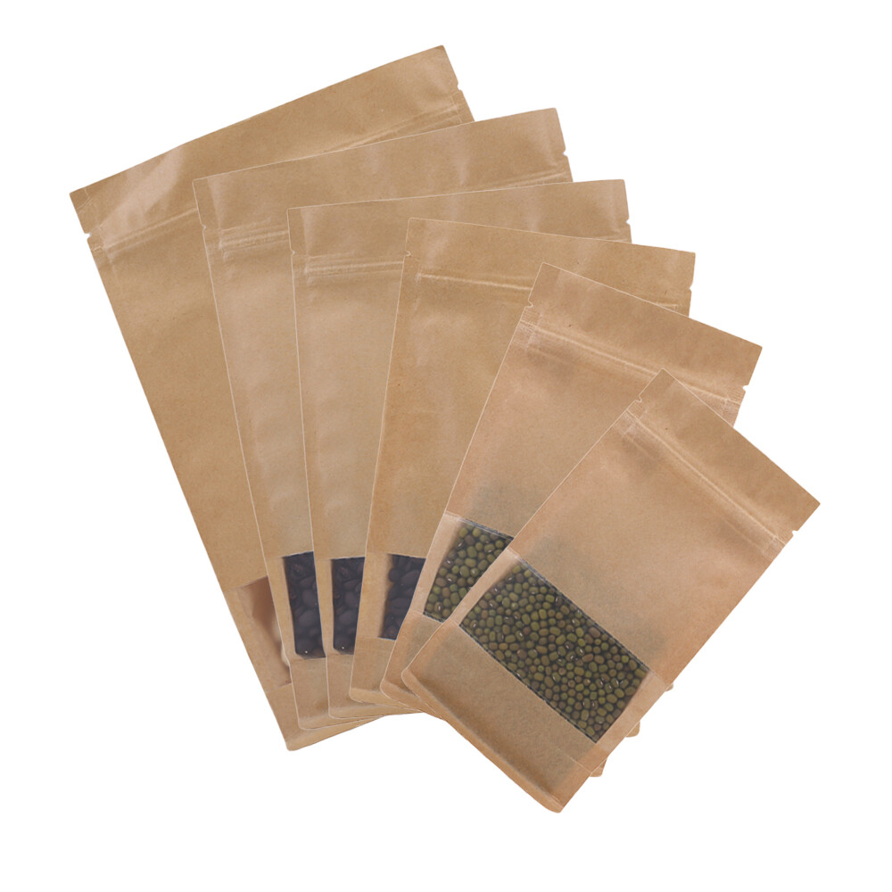 New Brown Kraft Stand Up Zip Seal Bags w/ Clear Window Side Gusset Variety Sizes