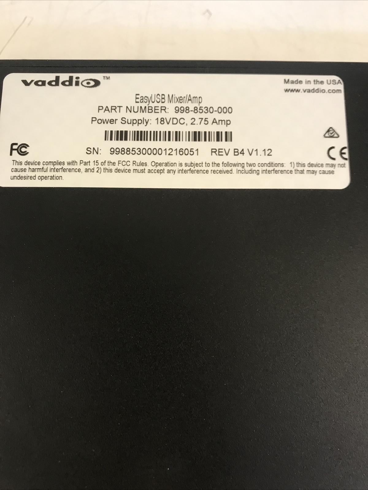 Vaddio EasyUSB Mixer/Amp (998-8530-000) tested power on.