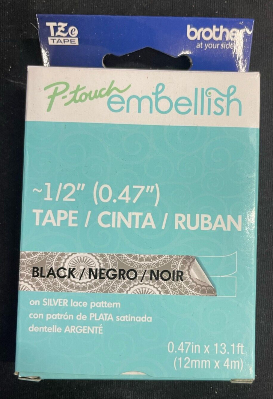 Brother P-touch Embellish Tape for Label Maker 1/2″ Black on Silver Lace Pattern