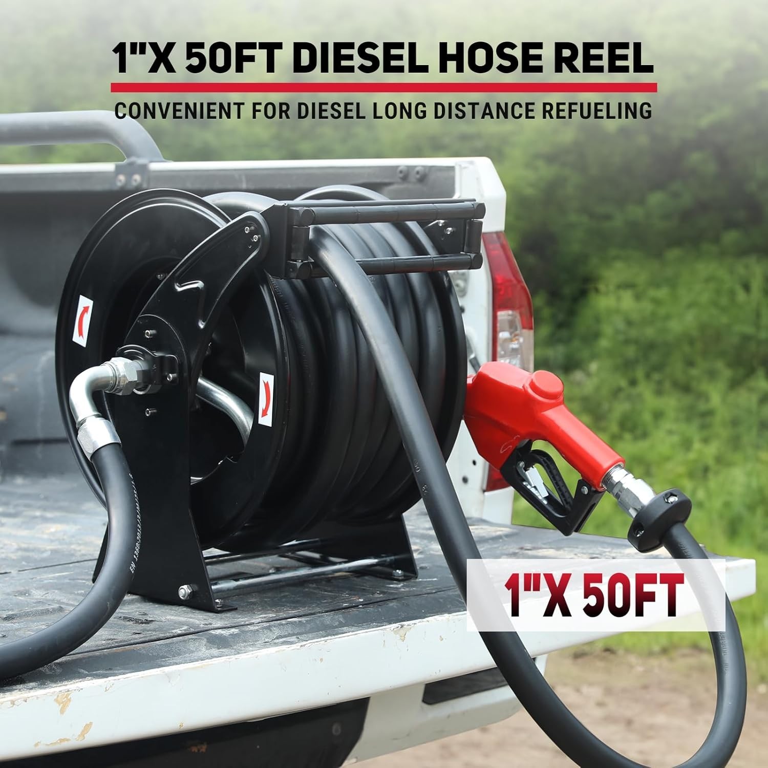 Fuel Hose Reel Retractable Diesel Hose Reel 1″ x 50′ Auto Fueling Nozzle, Black