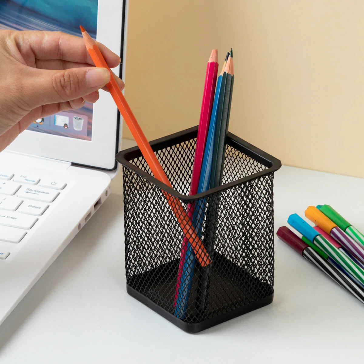1Pcs Pencil Holder Office Desk Metal Mesh Square Round Pen Pot Cup Case