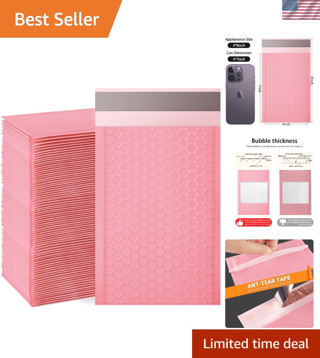 Pink Bubble Mailers, 4×7 In, Pack of 100 – Waterproof Self-Seal Envelopes
