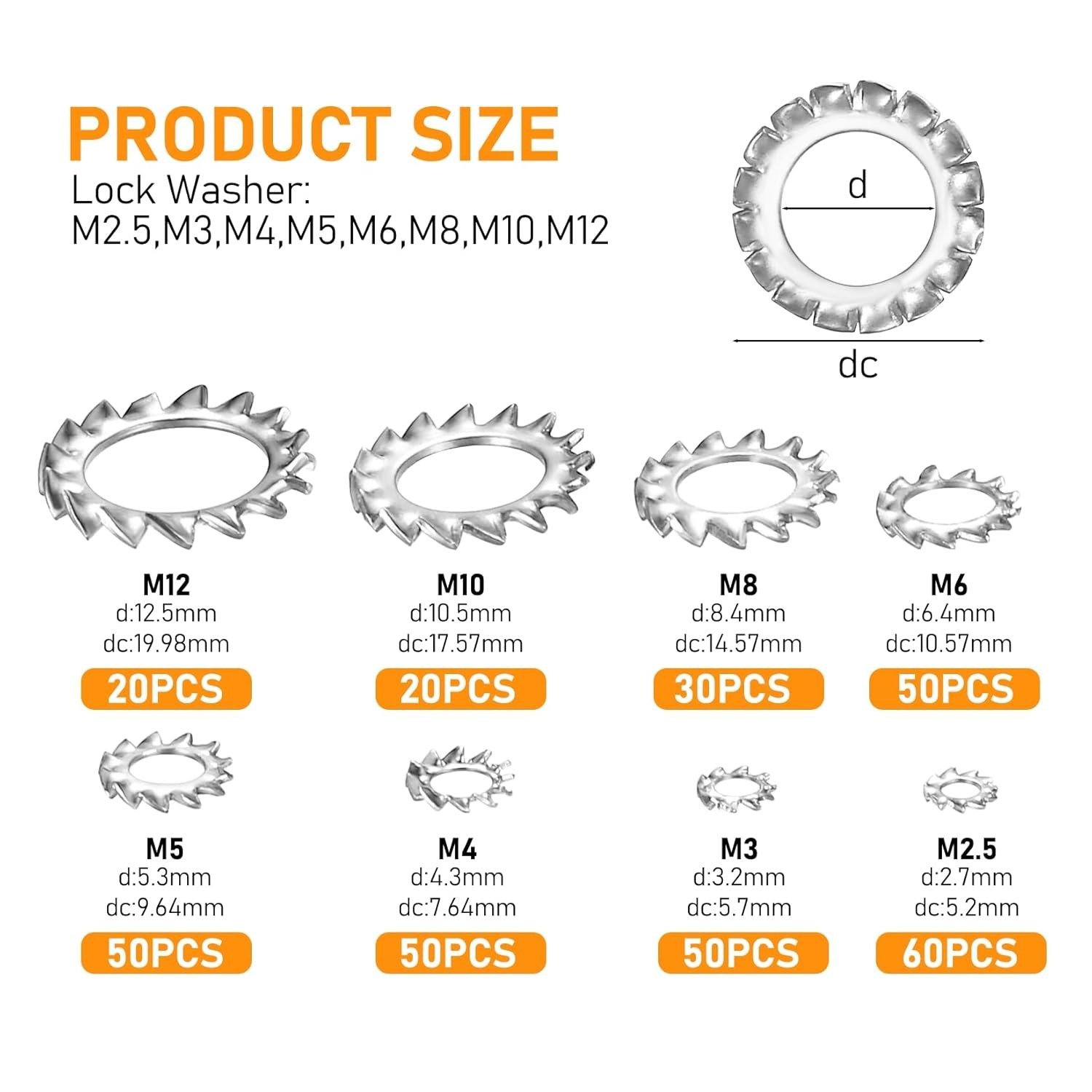 330 Pcs External Tooth Star Lock Washers, Stainless Steel External Starlock Wash