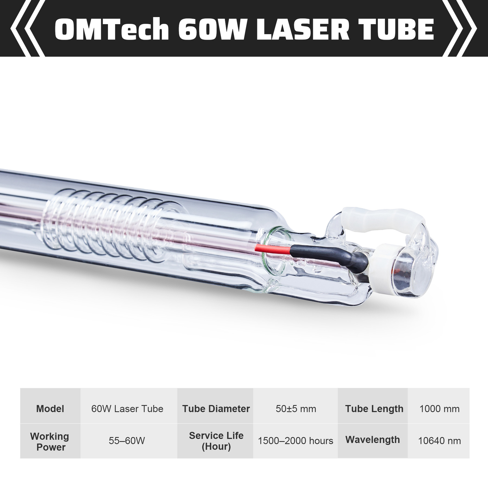 OMTech 60W 100cm Dia 50mm CO2 Laser Tube fits Laser Engraver Cutting Machine
