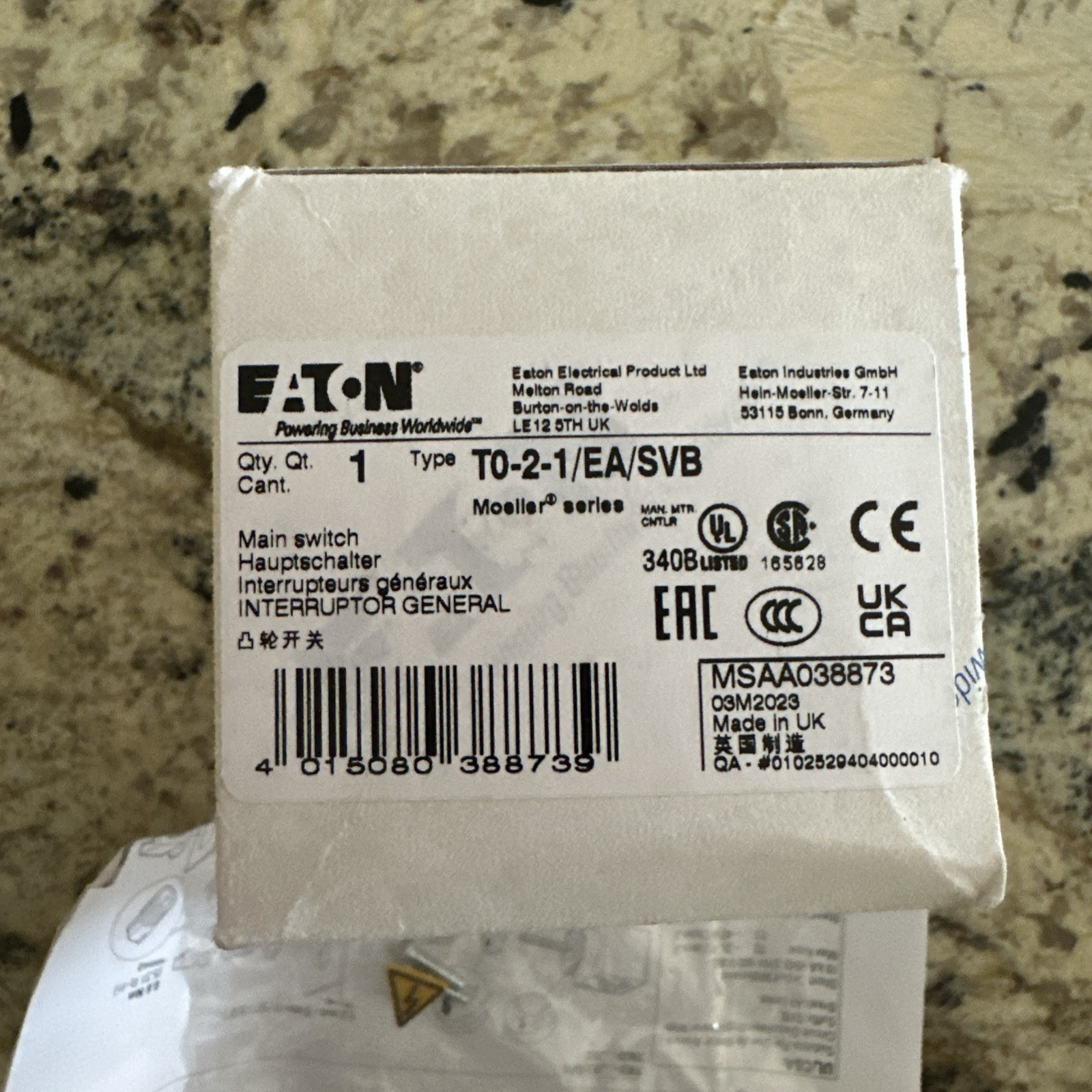 EATON T0-1-102/EA/SVB,Main switch 20A 2pole Rotary Cam Switch Rotary Disconnects