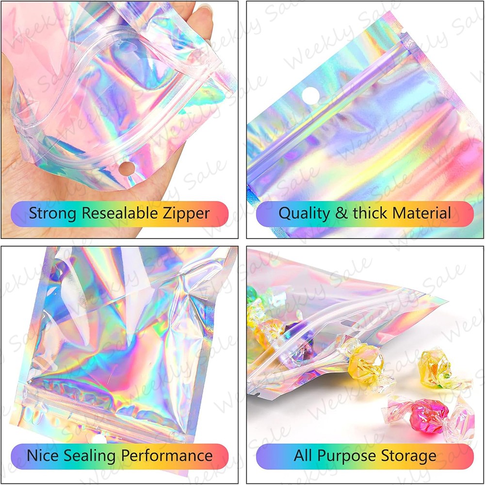 Holographic Mylar Foil Bags Smell Proof Resealable Zip Lock Pouch Rainbow Color