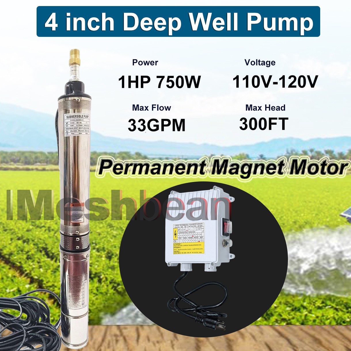1HP Deep Well Submersible Pump 4» OD 110V 33GPM 300ft Stainless Steel 50′ Cord
