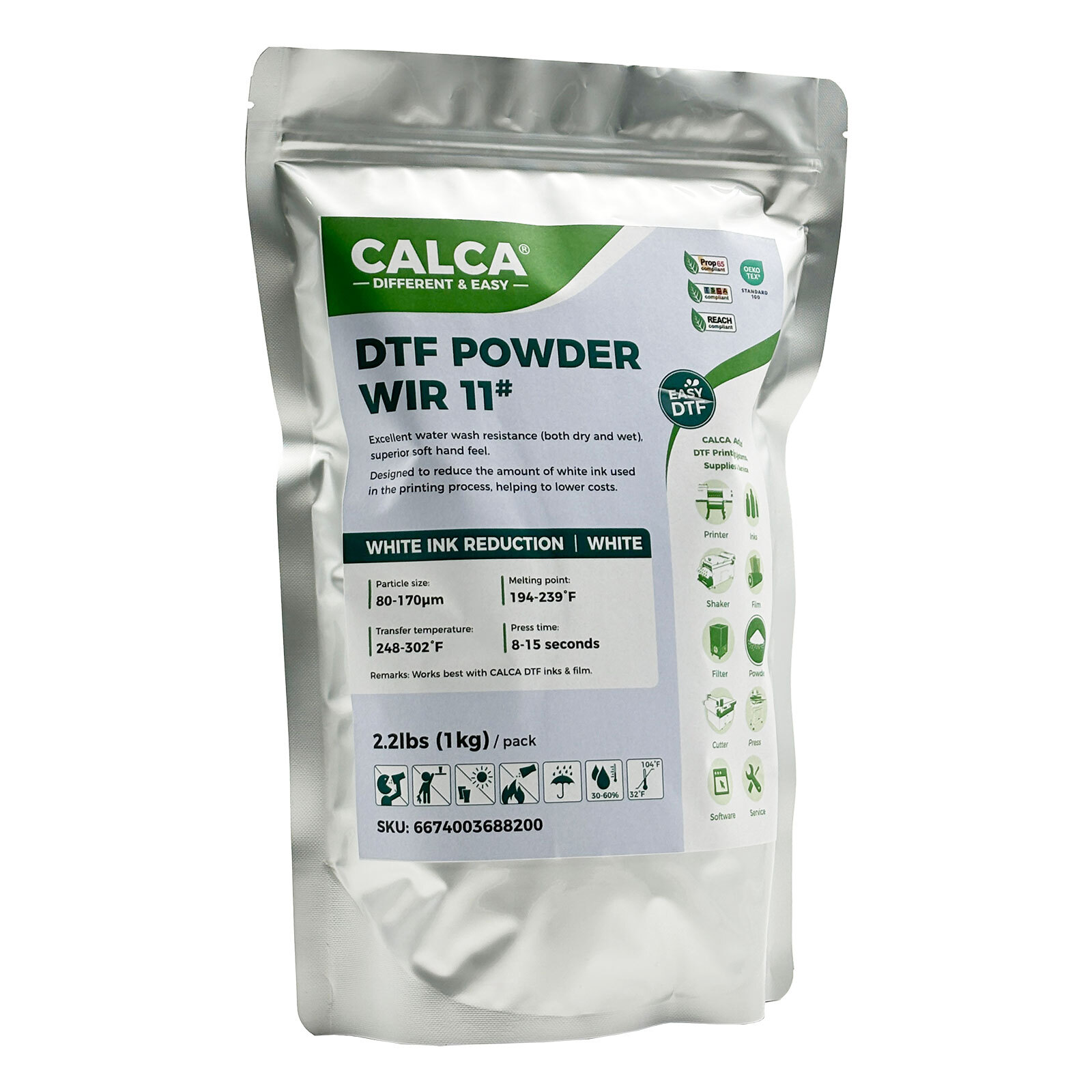 CALCA WIR11 White Ink Reduction Hot Melt DTF Powder (2.2lbs, 1kg, Fine, White)