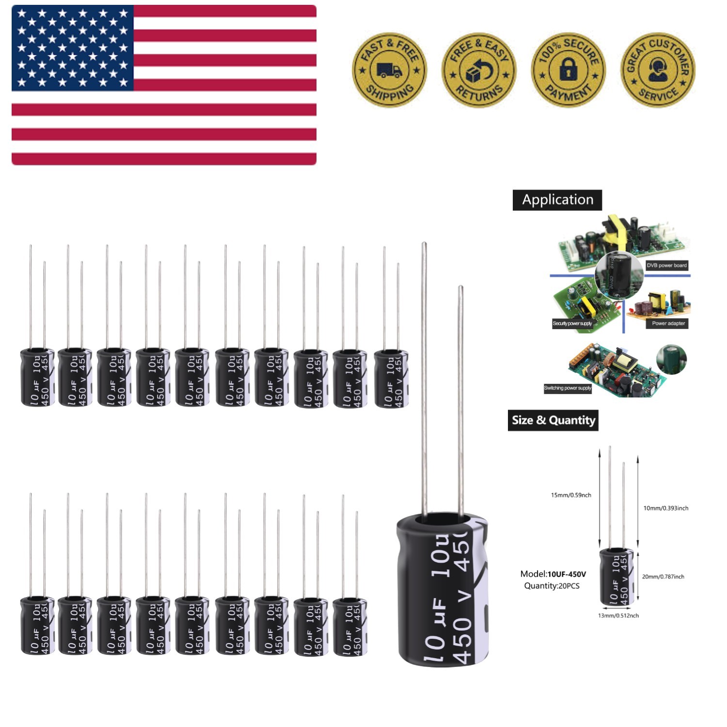 20Pcs Electrolytic Capacitor 10uF with Aluminum Radial Leads 10UF-450V-13X20