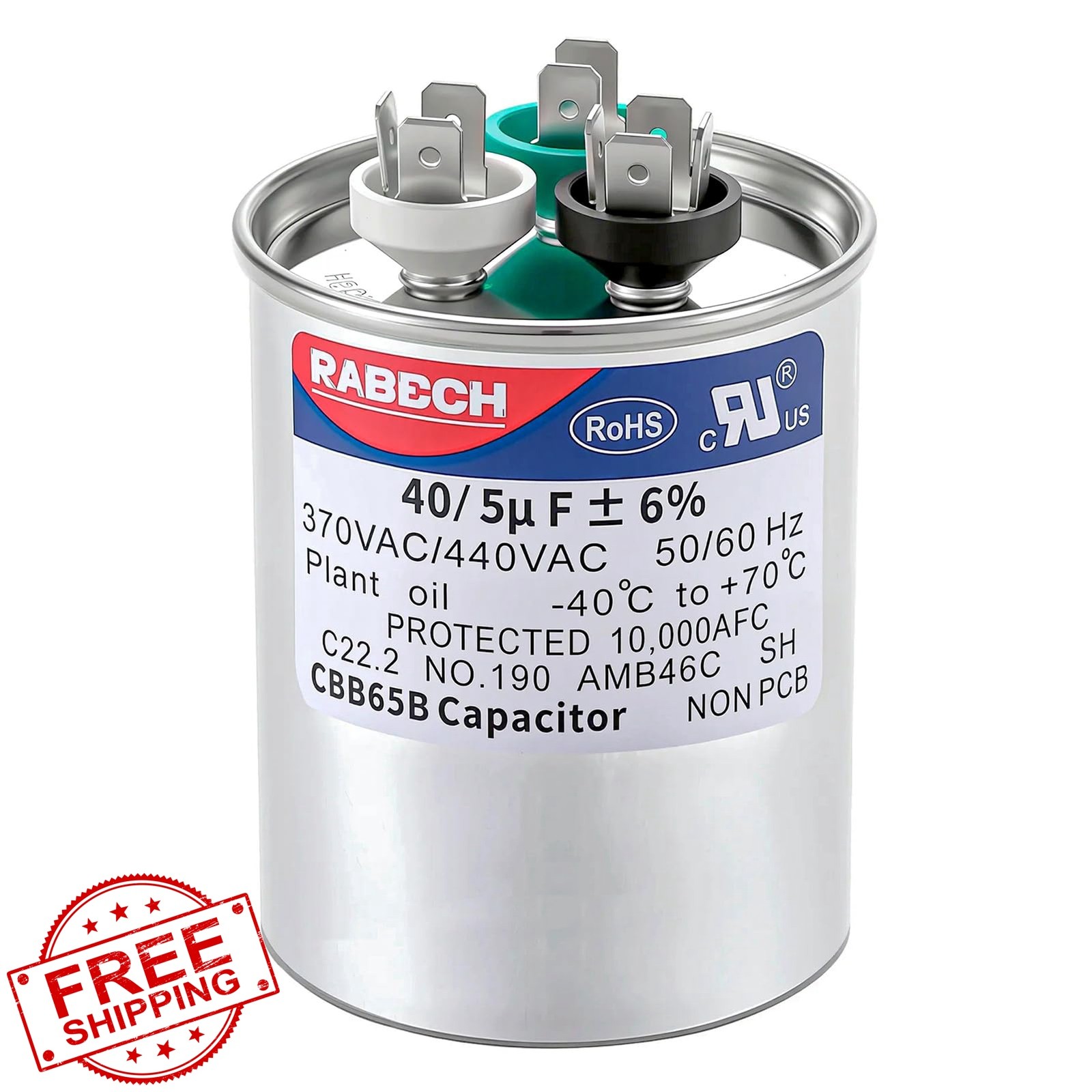 RABECH 40+5MFD AC Capacitor 370/440V CBB65B Dual Run