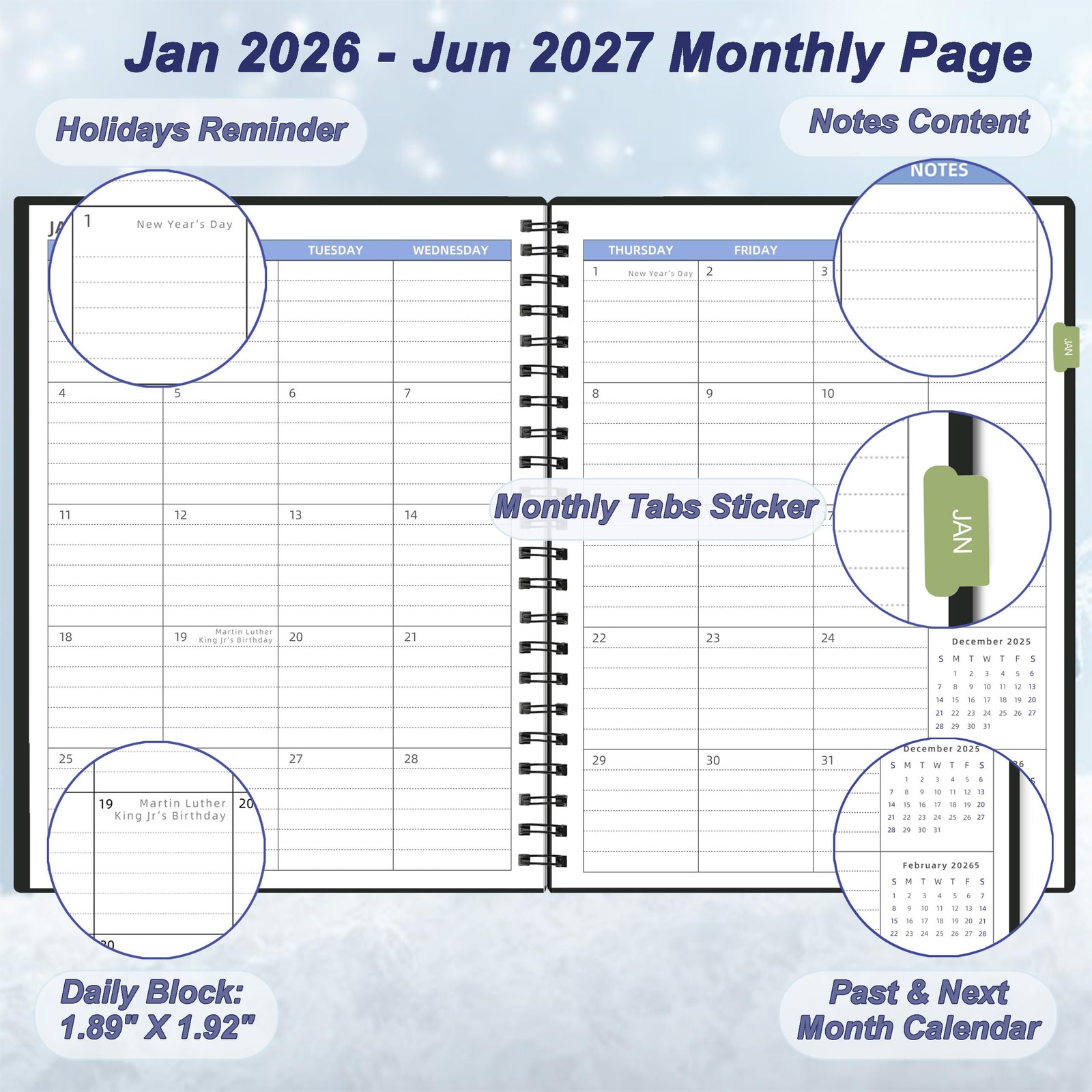 2026-2027 7.4 x 9.6 x 0.35 inches, Monthly Planner Black(Dated 2026.1-2027.6)