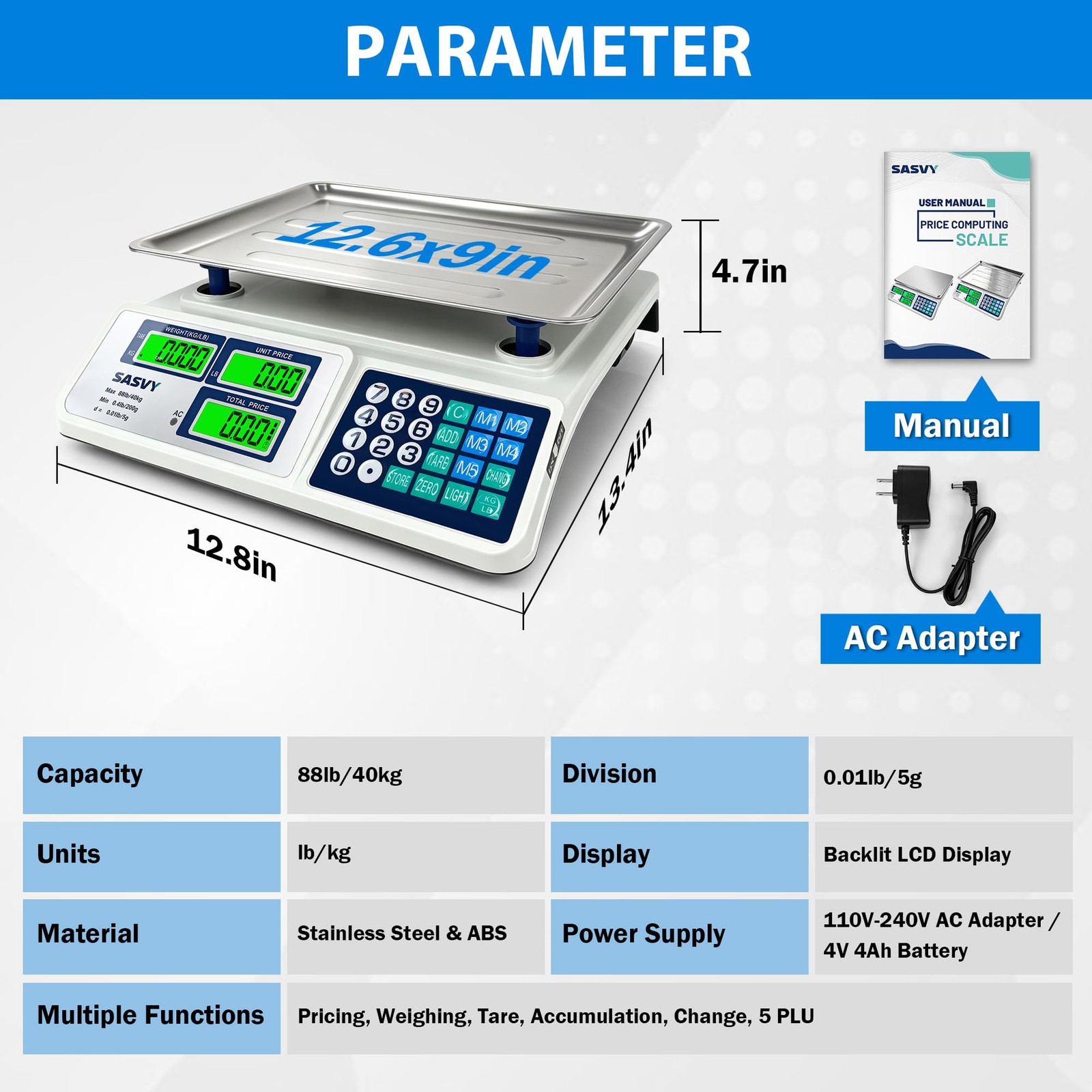 SASVY Price Computing Scale 88lb/40kg Commercial Food Scale with Change Funct…