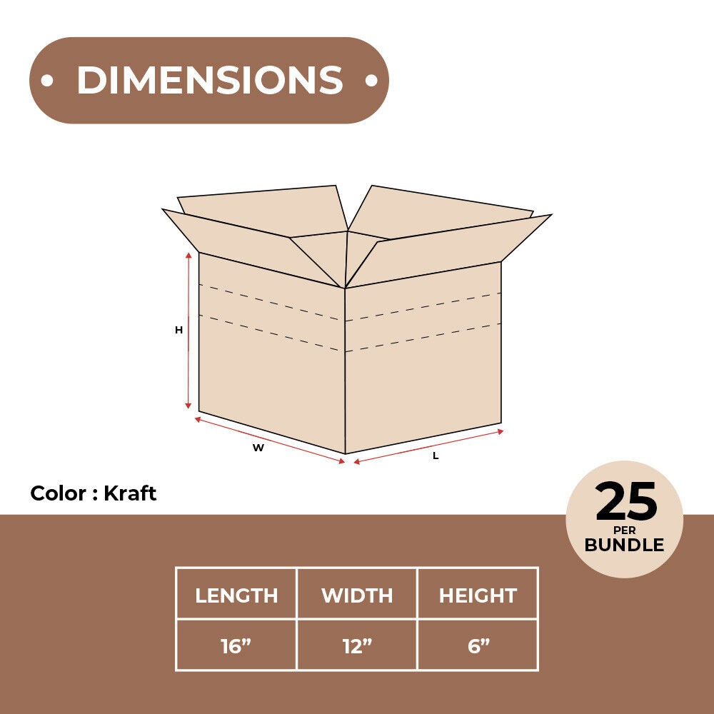 16 x 12 x 6″ Multi-Depth Corrugated Boxes, Kraft 25 Pack