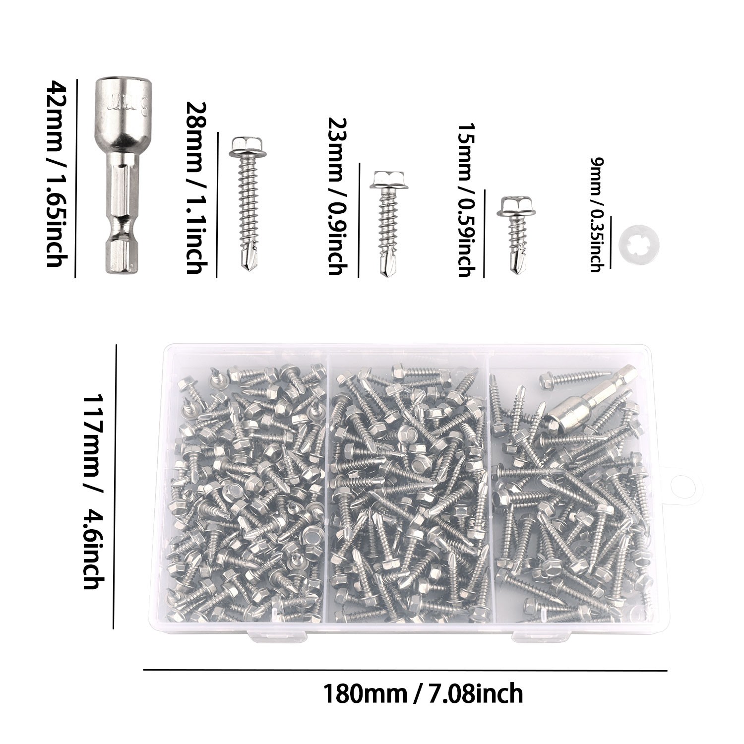 250Pcs Steel Self Drilling Tapping Screws-Hex-Washer Head Sheet Metal Assortment