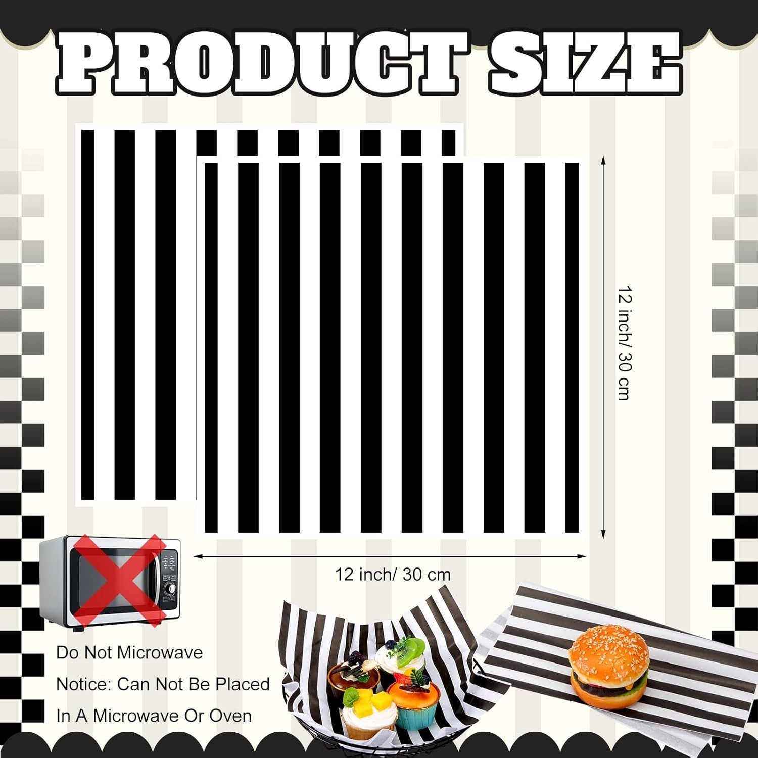 100 Sheets Black and White Striped Wax Paper for Food Wrapping 12 X 12 Inches Fo