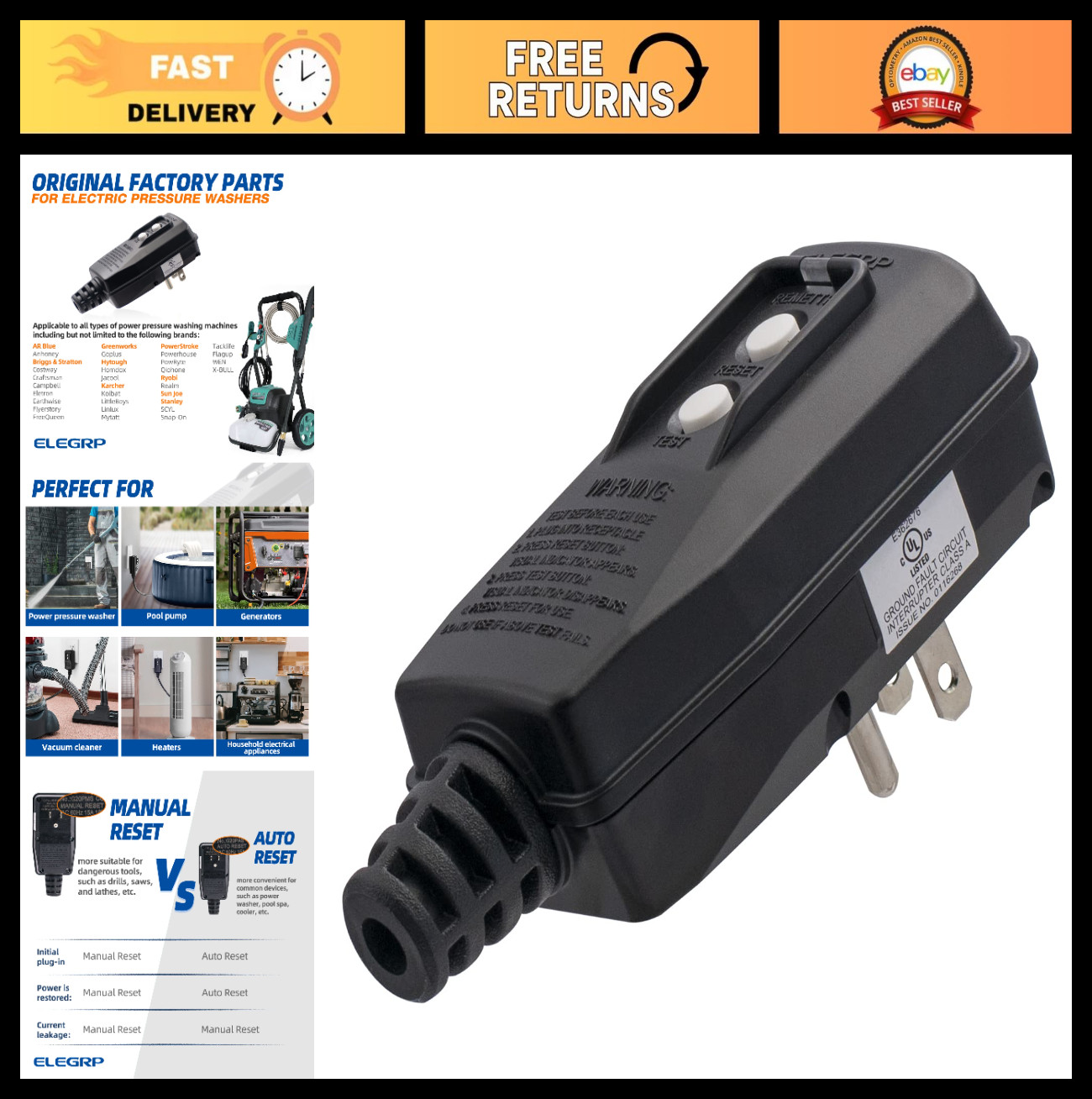 Auto-Monitoring GFCI Replacement Plug Assembly, 15 Amp, 3-Prong, UL Listed, Blac
