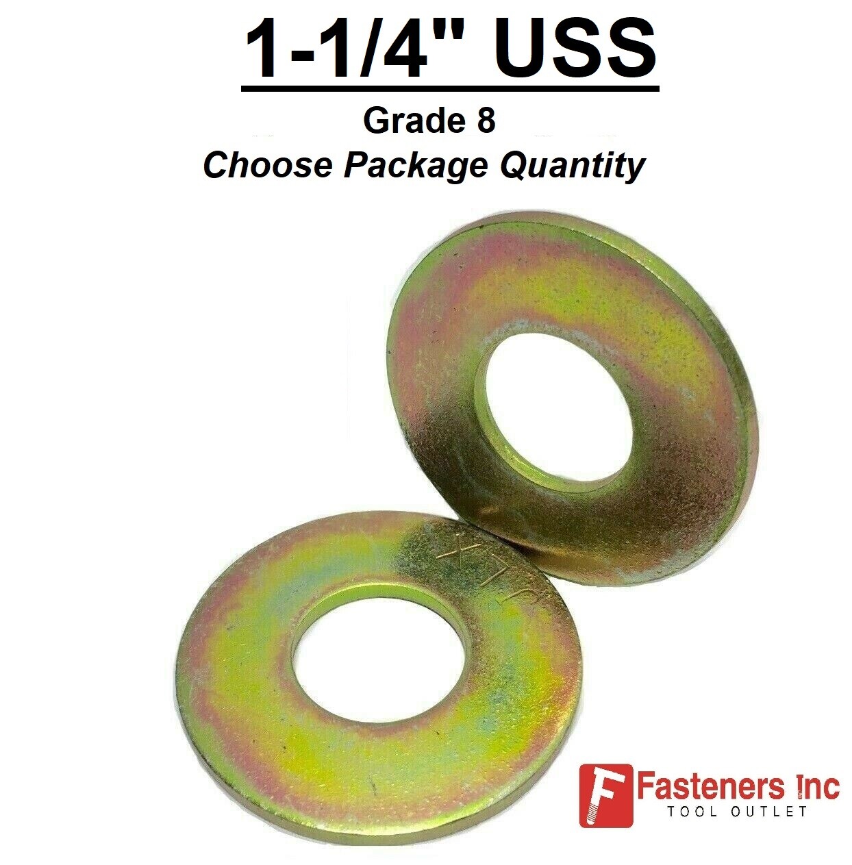 1-1/4″ USS Flat Washers Thru-Hardened Grade 8 Yellow Zinc (Choose Qty) 3″OD