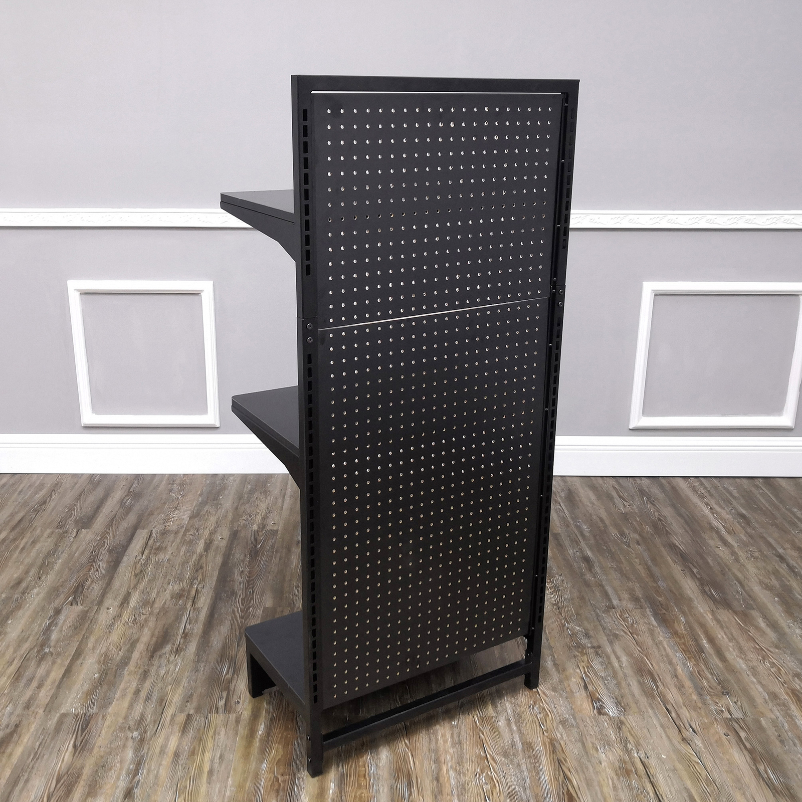 24.0″ Wide Gondola Rack Stand with Two Shelves Black Pegboard Display