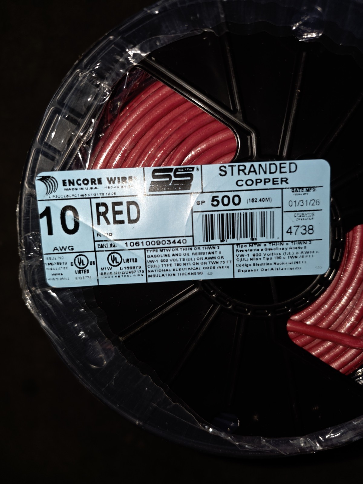 Encore Wire 10 AWG Stranded THHN/THWN-2 Copper Wire Red 500 ft Reel 600V