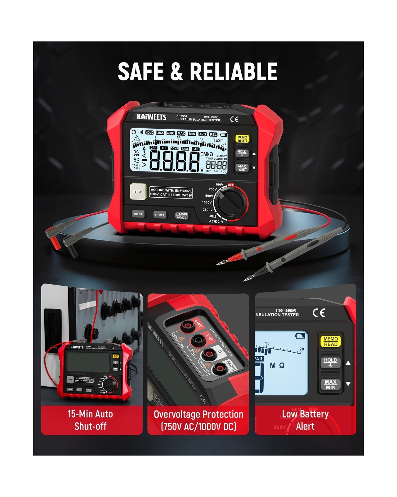 KAIWEETS Insulation Resistance Tester, Up to 200GΩ, Pro Megohmmeter, 5 Rang