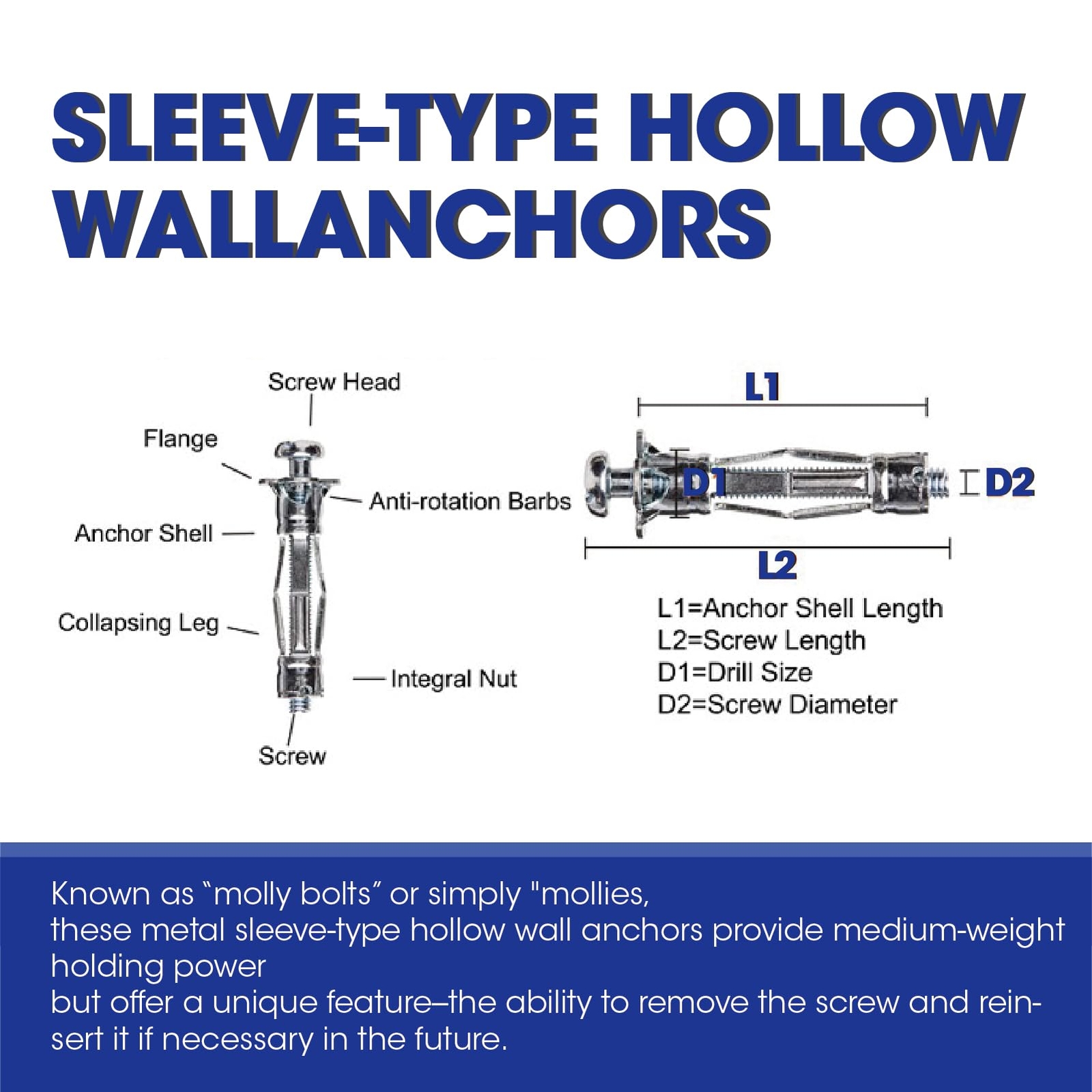 Heavy Duty Zinc Plated Steel Molly Bolt Hollow Drive Wall Anchor Screws Set for