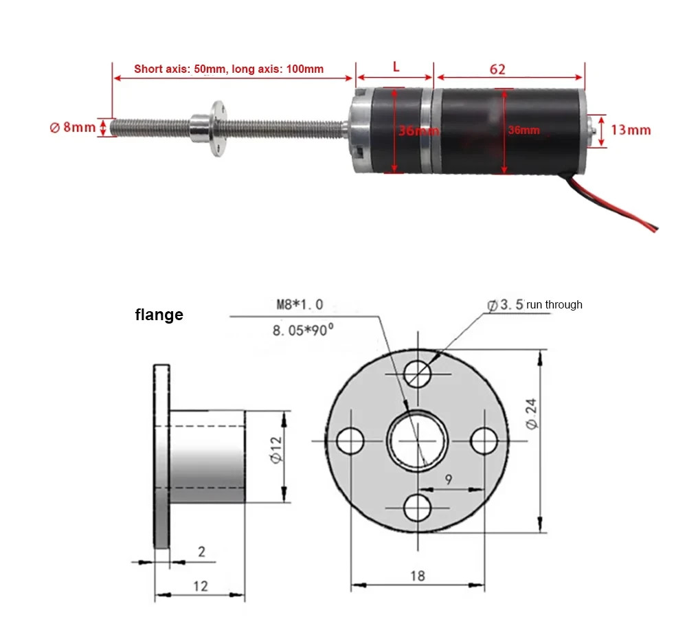 100kg 36mm 12V/24V M8 100mm/50mm threaded long shaft planetary DC reducer motor
