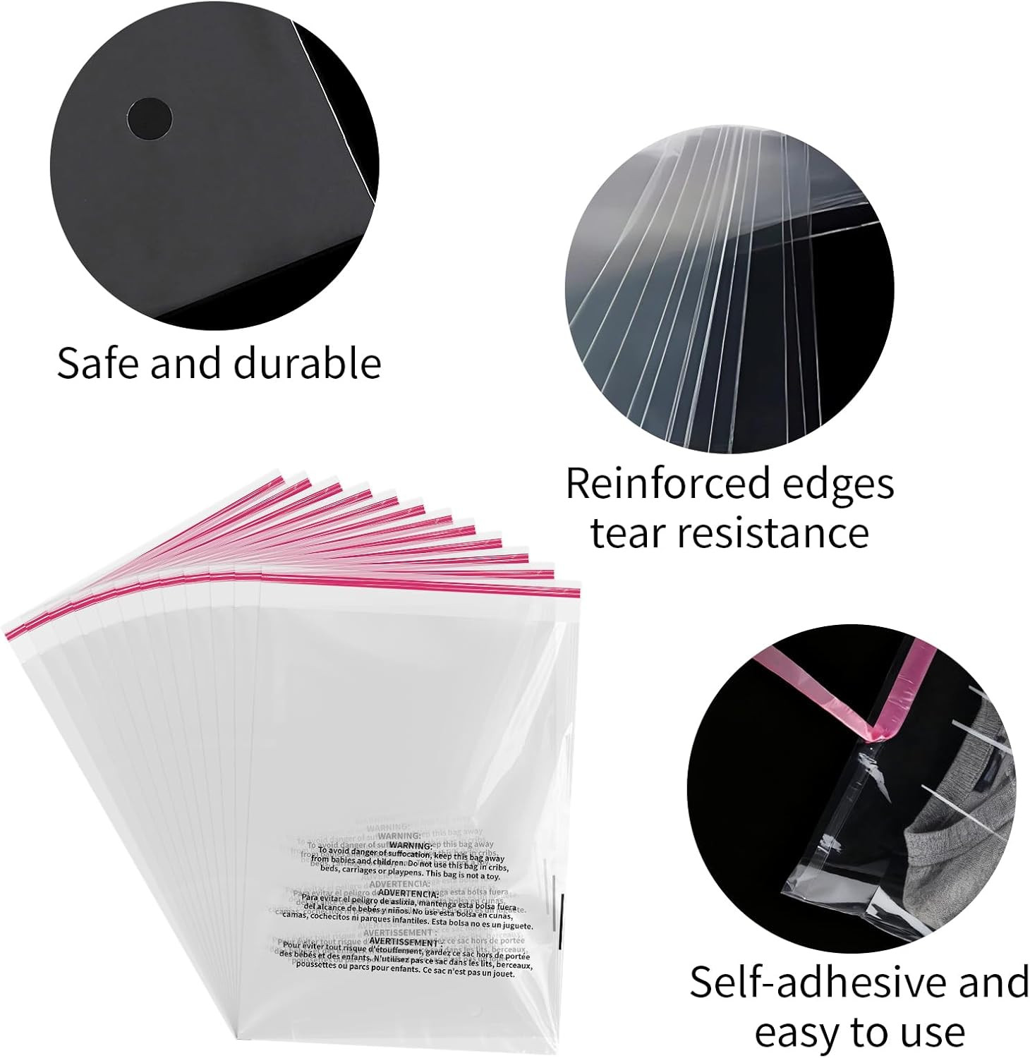 12X15″ Self Seal Clear Poly Bags with Suffocation Warning, 100 Counts Resealable