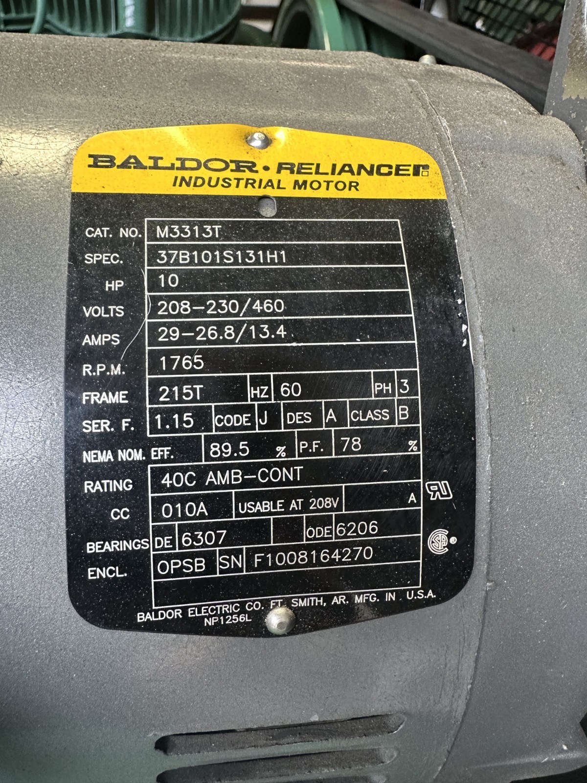 Refurbished BALDOR Air Compressor Motor: Open Drip Proof, Rigid Base Mount, 10HP