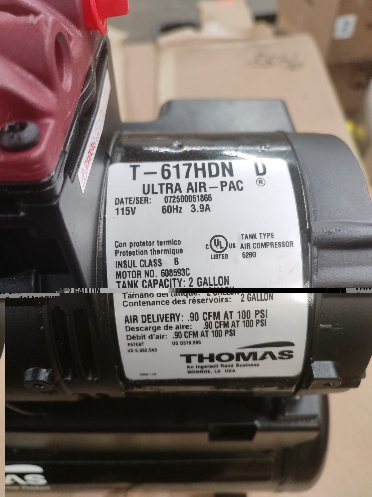 Thomas T-617 HDN Air Compressor, 2 Gal, 0.5 Hp, 115V, 100 Psi
